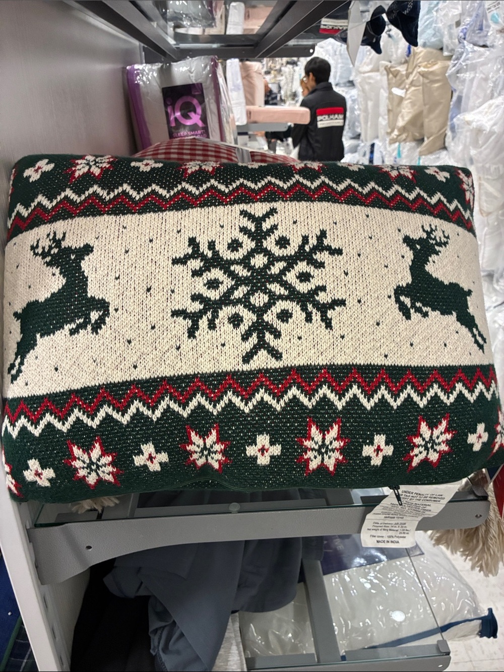 Martha Stewart Green, Cream & Red Reindeer Snowflake Knit Holiday Pillow